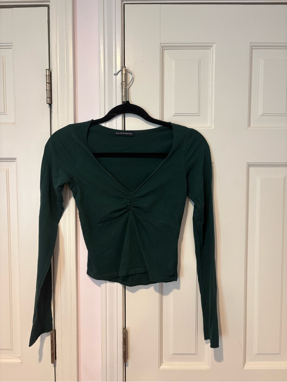 Brandy Melville Dark Green Ruched V-Neck Long Sleeve Top